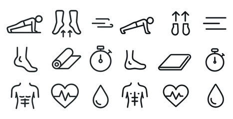 Obraz premium Fitness workout line icons set – gym, exercise, health and wellness symbols