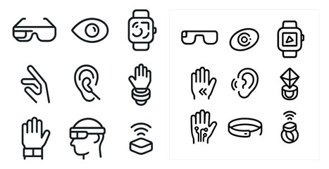 Fototapeta premium Wearable tech and gadgets linear icons set – outline, wearable devices, smart tech symbols