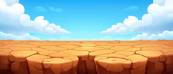 Obraz premium Dry Cracked Ground Under Blue Sky with White Clouds and Horizon