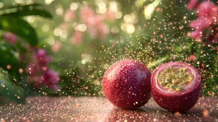 Weightless passionfruit cut with juice splatter on a softly blurred botanical garden backdrop under perfect lighting