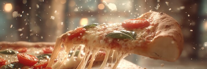 Weightless slice of margherita pizza with tomato sauce arcs against a softly blurred pizzeria kitchen under perfect lighting