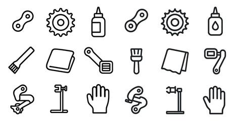 Bicycle maintenance outline icons set – flat, linear, cycling and repair symbols