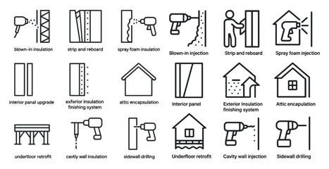 Obraz na płótnie Canvas Home insulation outline icons set – energy, retrofit, efficiency symbols