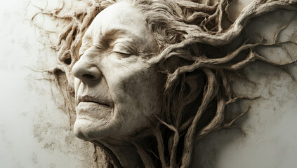 Sculptural Portrait of an Aged Woman with Intricate Roots