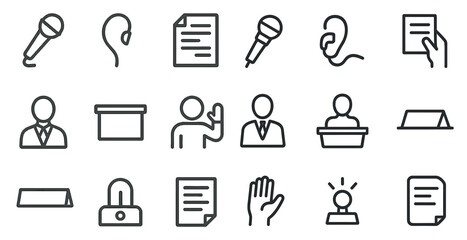 Public speaking outline icons set – linear, communication, presentation symbols