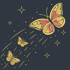 Golden Butterflies in Starry Sky – Elegant Night Flight Vector Art