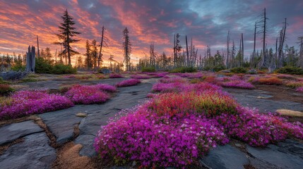 Wildflower carpet on a high mountain plateau at sunrise