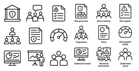 Business and risk management outline icons set – governance, policy, organization symbols