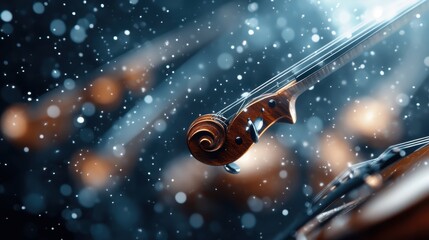 A beautifully crafted violin emerges through a dreamy backdrop of sparkles and soft glints of light, evoking emotions of music and elegance in a serene snowfall.