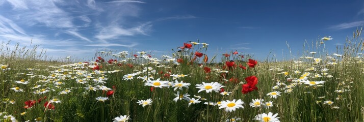 Wildflower meadow carpeted in daisies and poppies under clear sky