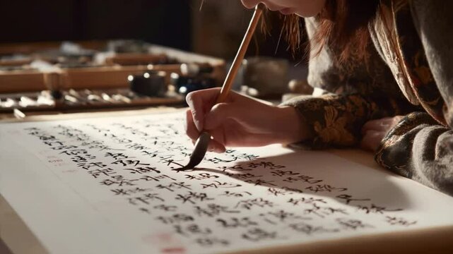 Traditional Chinese Calligraphy in Action: An Artist Creating Calligraphic Art