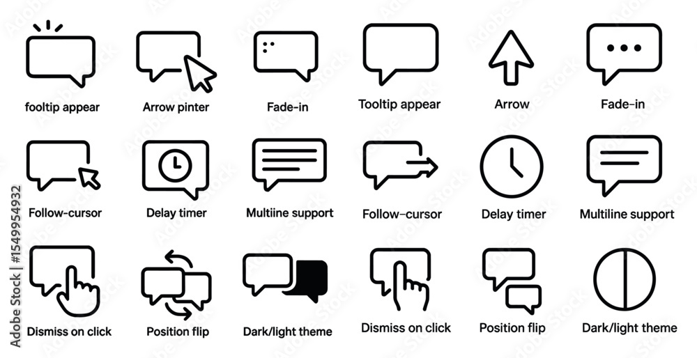 Poster user interface outline icons set – tooltip appear, message, cursor and more designs