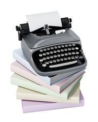 Typewriter and books stack on transparent background. 3D illustration