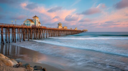 Wooden seaside pier stretching into calm sea with softly blurred horizon background under pastel sunset light