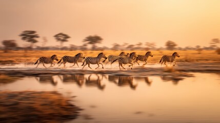 Zebra herd crossing a shallow river, softly blurred savanna backdrop under golden sunrise