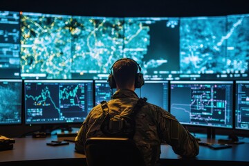 Military at a command post with combat operations monitoring screens, 