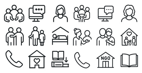 Community and communication outline icons set – linear, social, connection symbols