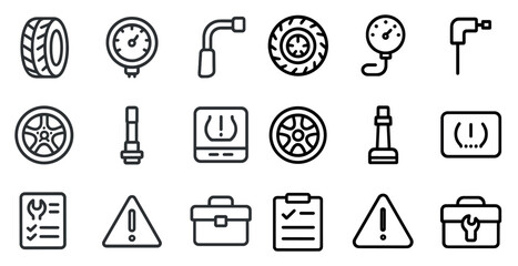 Fototapeta premium Car maintenance icon set – outline, linear, auto and vehicle care symbols