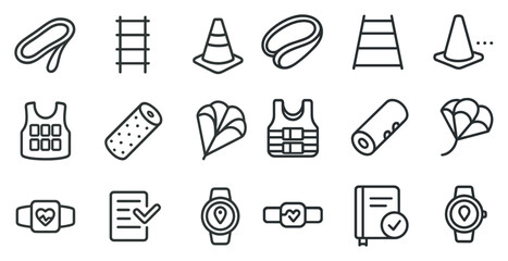 Fototapeta premium Sports and exercise outline icons set – fitness, equipment, wellness symbols