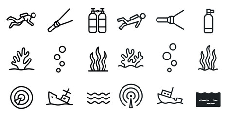 Diving and marine linear icons set – outline, ocean, underwater symbols
