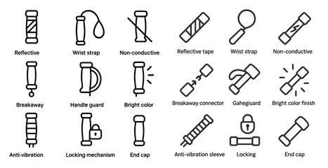 Fototapeta premium Safety equipment outline icons set – linear, security, protective gear symbols