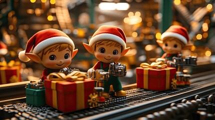 Christmas Elves Making Gifts in Toy Factory, Ideal for Holiday, Christmas, and Festive Season Themes.