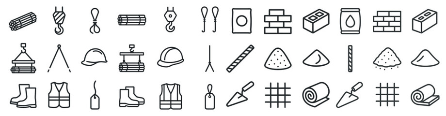 Construction and building outline icons set – line, silhouette, architectural symbols