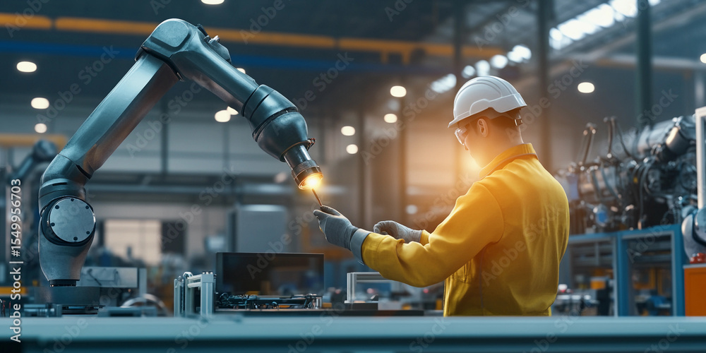 Aufkleber Worker operates robotic arm inside industry factory Generative AI