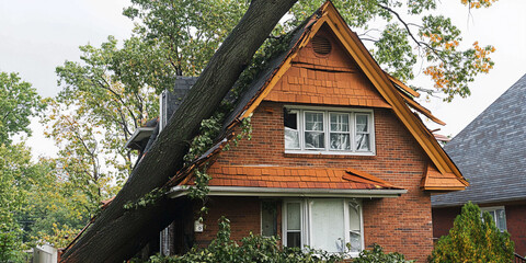 Large tree falls on house during storm in suburban neighborhood Generative AI