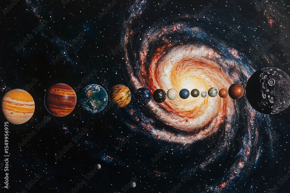 Poster exploration of the solar system featuring planets and galaxy generative ai