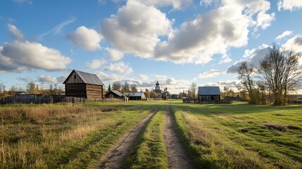 Obraz premium Wide-angle shot of the peaceful countryside near Suzdal with traditional wooden houses and churches