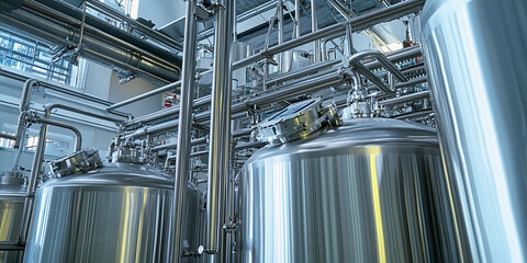 Stainless steel pipes and tanks in modern industrial setting Generative AI
