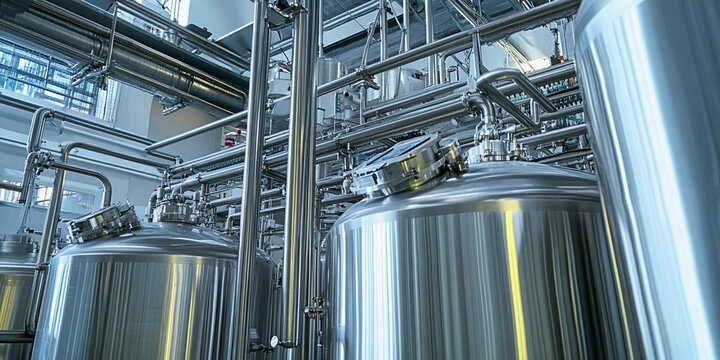 Stainless steel pipes and tanks in modern industrial setting Generative AI