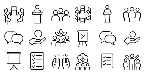 Meeting and collaboration linear icons set – workplace, teamwork, communication symbols