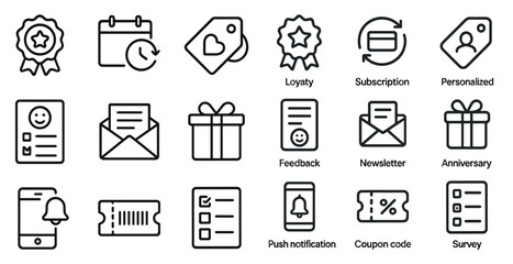 Loyalty and subscription outline icons set – personalized, engagement, membership symbols