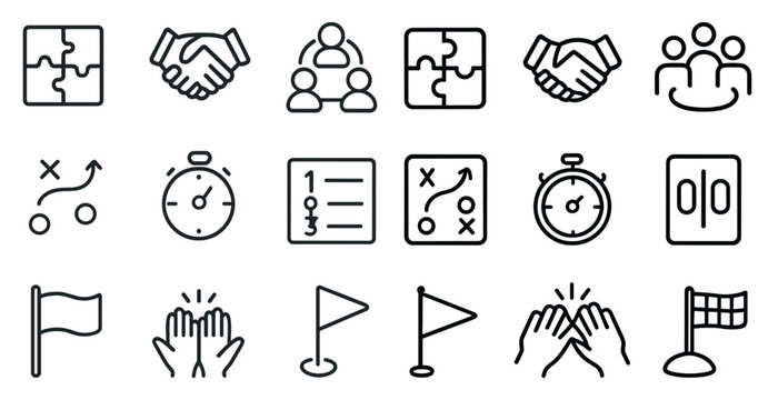 Team building outline icons set – linear, collaboration, group activity symbols