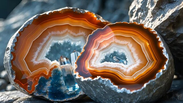Vivid Cross-Section of Polished Agate Geode Revealing Colorful Mineral Layers and Crystal Core in Natural Stone Formation

