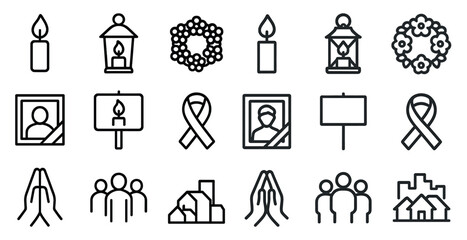 Memorial and remembrance line icons set – outline, tribute, ceremony symbols