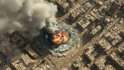 Devastating aerial view of large explosion with plumes of smoke billowing into sky - Powered by Adobe