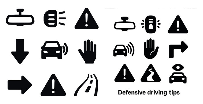 Defensive driving solid icons set – filled, warning signs and road safety symbols