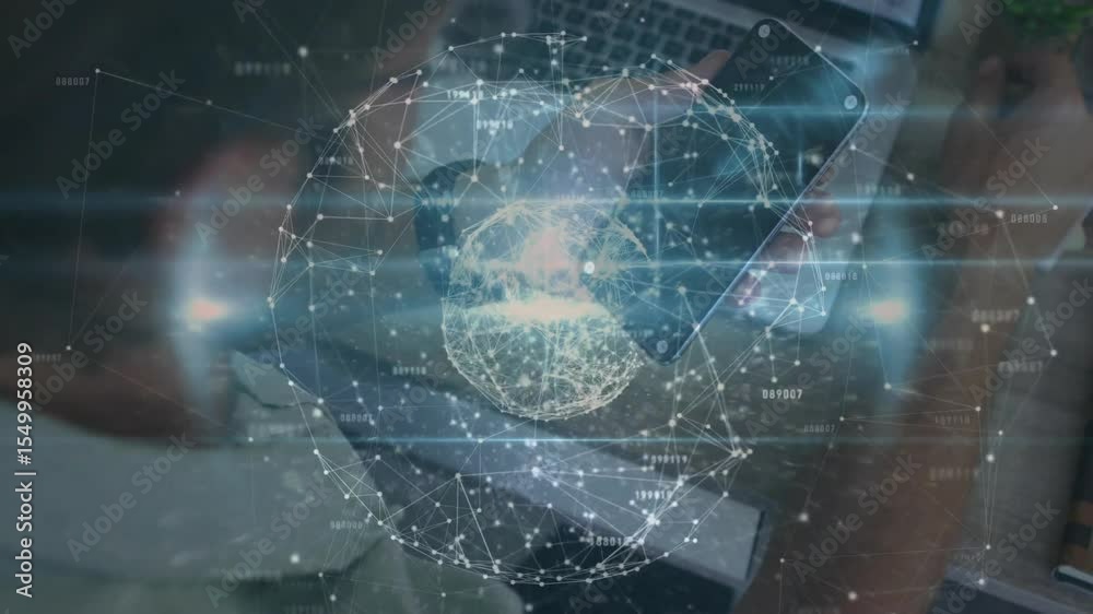 Poster man using smartphone and laptop on desk causing digital globe pulsing and visualizing network data