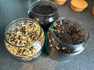Assortment of herbal tea in glass jars. High quality photo