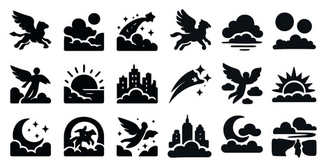 Naklejka premium Fantasy and nature silhouette icons set – celestial, mythical, enchanted designs