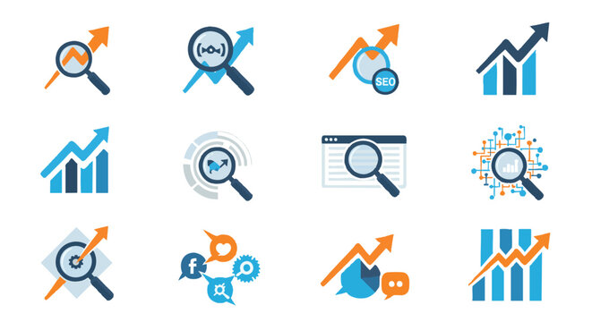 Vibrant Flat Icons Illustrating Digital Marketing Growth, Analytics, And SEO Concepts