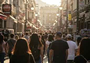 Fototapeta premium A large crowd of people stroll along a bustling city street, bathed in sunlight.