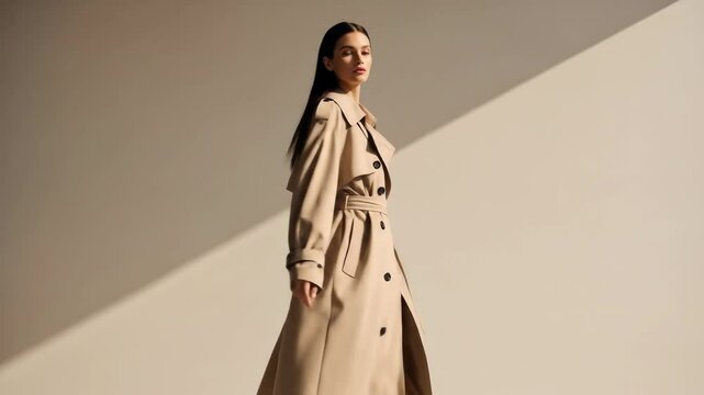 Woman in beige trench coat minimalist fashion photography