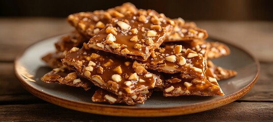 A plate of homemade toffee brittle with a golden crunch