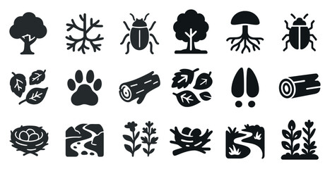 Fototapeta premium Nature and wildlife icons set – silhouette, solid, flora and fauna symbols