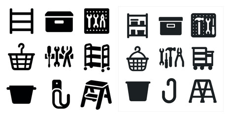 Home organization solid icons set &ndash; tool, storage, basket and container symbols