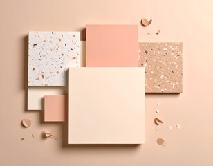 diseño minimalista con cuadrados de distintos tamaños con estampado de terrazo en cálido tonos pastel terrosos y colores lisos sobre fondo rosado